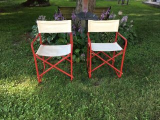 Vintage Metal Folding Directors Chairs Red With Tan Canvas