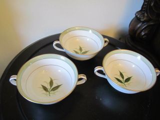 3 Vintage Noritake Double Handle Fine China Cream Soup Bowls,  Greenbay Pattern