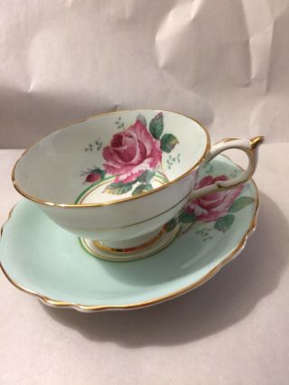 Vintage Paragon China Red Rose Soft Pastel Blue Background Tea Cup & Saucer