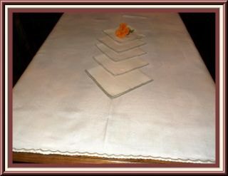 Lovely Vintage Light Ecru Linen Tablecloth & Napkins