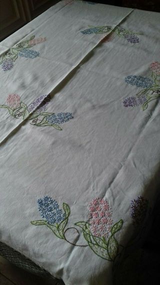 A Lovely Vintage French Linen Tablecloth Featuring Hand Embroidered Hyacinths