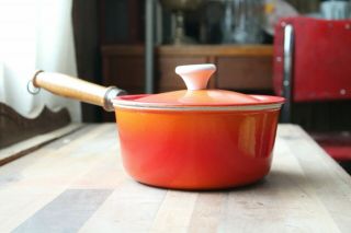 Vintage Descoware Enamel Cast Iron Sauce Pan With Lid Flame Orange 1.  5 Qt.