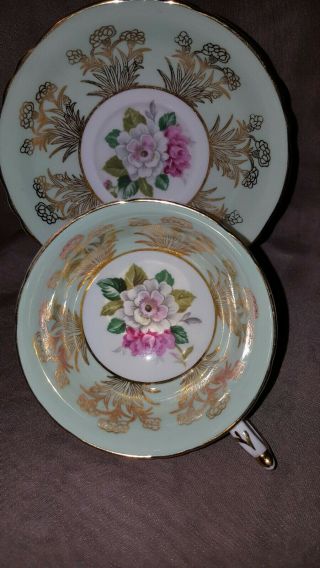Vintage Paragon Tea Cup And Saucer.  Light Green With Floral Print.  England