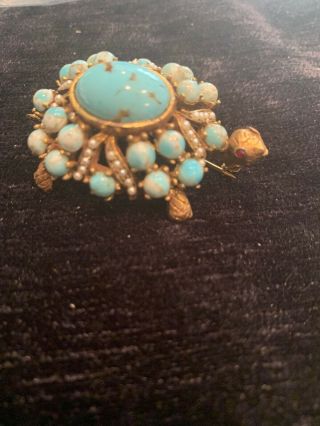Vintage Cabochon Turtle Brooch Gold Tone W/ Blue Crystal And Pearls,  Rhinestones