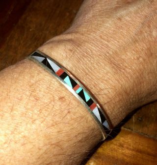 Vintage Zuni Native Sterling Silver Inlay Multi Gemstone Mosaic Cuff Bracelet 3