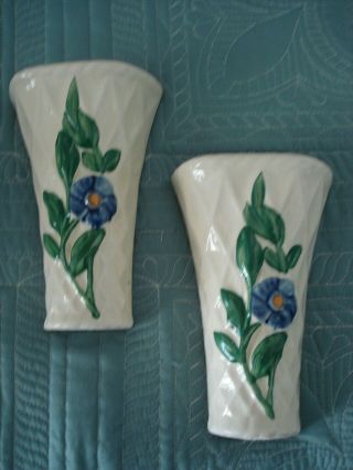 Vintage Pair Ivory Wall Pocket Planters Hand Painted Blue Flowers
