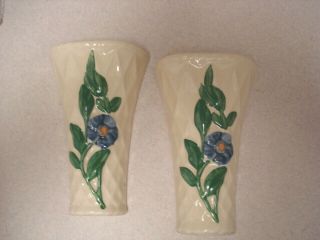 Vintage PAIR Ivory WALL POCKET PLANTERS Hand Painted Blue FLOWERS 3