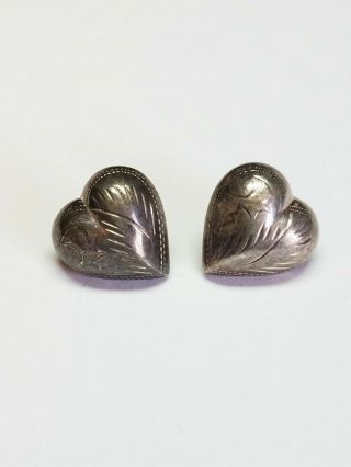 Vintage 925 Sterling Silver Etched Puffy Heart Earrings