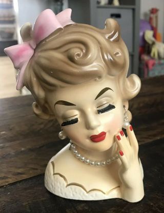 Vintage Rubens Originals Blond Lady Head Vase – 489– Pink Bow – Pearl Earrings