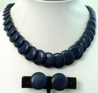 Vintage Signed Crown Trifari Blue 3/4 " Clip Earring 20 " Necklace Set 5426c