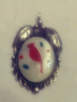 Navajo Vintage Mother Of Pearl Red Cardinal W Sterling Silver Pendant