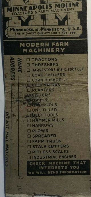 Vintage Matchbook: MINNEAPOLIS - MOLINE Tractors,  Machinery 3