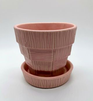 Vintage Mccoy Art Pottery Forest Pink Basket Weave Planter,  Tray