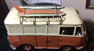 Vintage Vw Volkswagen Van Bus Tin Metal With Surfboards