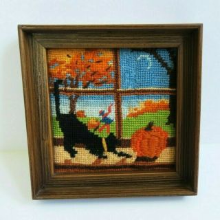 Vintage Handmade Wood Framed Cross Stitch Black Cat Pumpkin Fall Halloween Decor