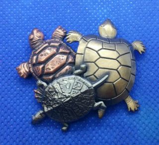 Vintage Tri - Colored Metal Jewelry Signed K & T Turtle Family Brooch Pin In Evc