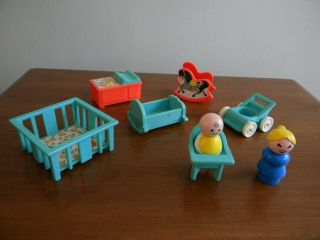 Vintage Fisher Price Little People Nursery 8 Pc Baby,  Crib,  Change Table,  Cradle
