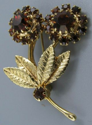 High End Vintage Jewelry Burnt Amber Prong Set Flower Brooch Pin Rhinestone O