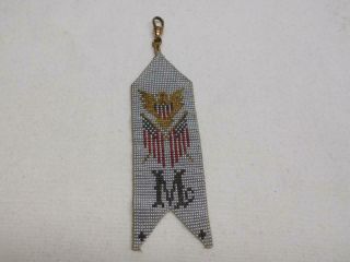 Vintage Patriotic Handmade Beaded Watch Fob W/ Us Flags & Eagle Letter " M "