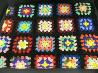 Vintage Handmade Crocheted Black Granny Square Afghan Lap Throw Blanket 43x63