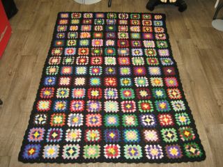 Vintage handmade crocheted Black granny square Afghan lap throw blanket 43x63 2