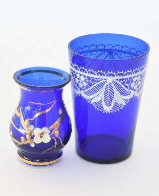 Vintage Flower Vase Handmade Painted Cobalt Blue And Decorated Glass