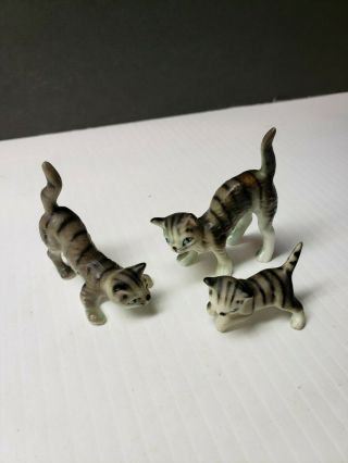 Cute Vintage Bone China Miniature Grey Stripe Tabby Cat Figurines Set Of 3
