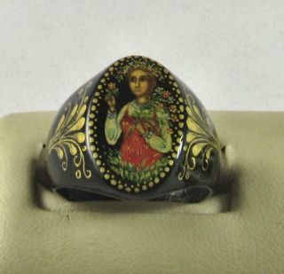 Vintage Hand Painted Lady W/ Flowers Lacquer Russian Ring S7.  5