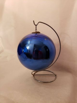 Vintage Large Blue Bubble Glass Christmas Ball Ornament With Copper Leaf Hanger