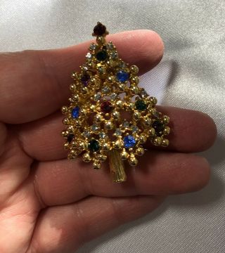 Vintage Brooch Pin Signed Eisenberg Gold Tone Christmas Tree Rhinestone Jewelry