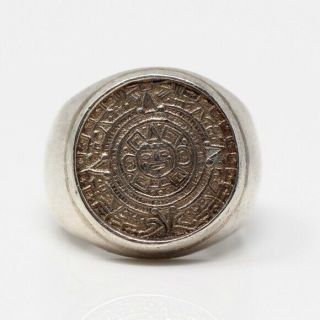 Mexico Vintage Sterling Silver Aztec Calendar Pinky Ring (size 3.  5)