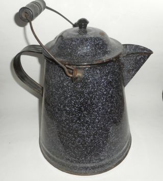 Vintage Enamel X Large Kettle Campfire Cowboy Coffee Pot W Lid Speckled