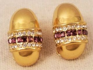 Vtg Christian Dior Signed Purple/amethyst Rhinestone Gold Tone Clip On Earrings