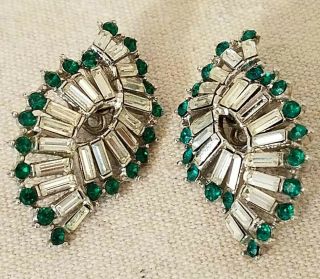 Vintage Crown Trifari Signed Green/clear Rhinestone Art Deco Clip On Earrings