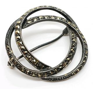 Ornate Vintage Signed 925 Sterling Silver Marcasite Tri - Ring Celtic Knot Brooch