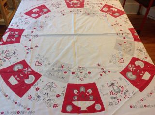 Vintage Red & Grey Print Cotton Tablecloth,  47 X 50 "