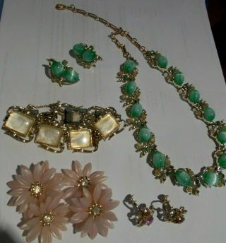 Vintage Lucite Coro Moon Type Beads Bracelet Necklace Earrings Flower Jewelry