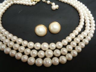 Vintage Multi 3 Strand White Faux Pearl Beaded Necklace & Earrings