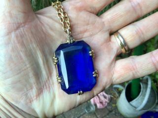Vintage Pendant Gold Chain Faceted Deep Rich Bristol Blue Glass Costume Jewelry