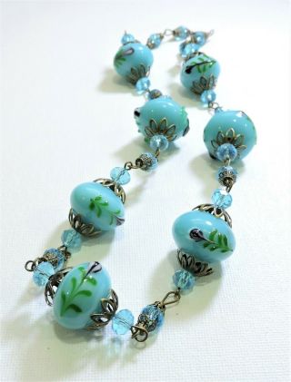 Vintage Turquoise Blue With Flowers Lampwork Art Glass Bead Necklace Au19211