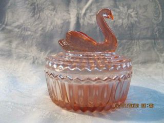 Vintage Jeanette Pink Glass Swan Powder Lipstick Trinket Box Jar Dish Lid