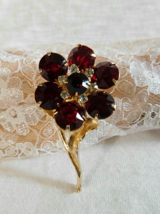 Vintage Ruby Red Crystal Rhinestone Flower Brooch Pin 2 1/4 " Prong Set
