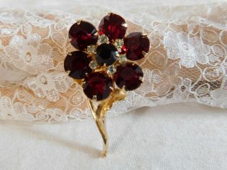 Vintage Ruby Red Crystal Rhinestone Flower Brooch Pin 2 1/4 
