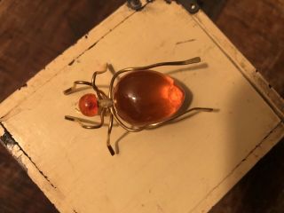 Vintage 10k Gold Russian Baltic Amber Ant Brooch Pin Insect Bug Jewelry