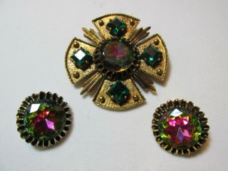 Vintage Dodds Juliana Watermelon & Green Stones Brooch 2 Pairs Earrings