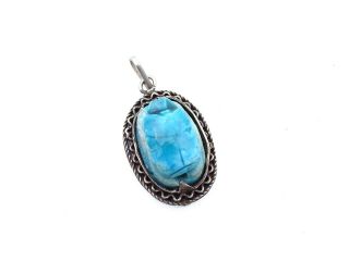 Vintage Turquoise Carved Stone Scarab Pendant In Sterling Silver Setting