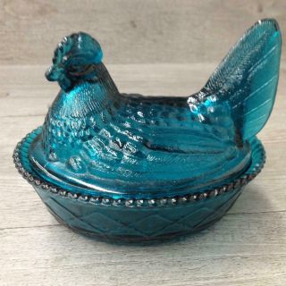 Vintage Westmoreland Blue Glass Hen On Nest Oval Box Basket Covered Dish