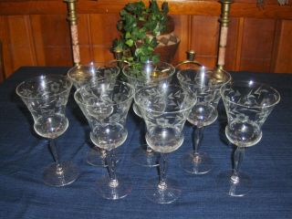 7 Vintage Crystal Wine/water Glass Etched Flower Leaves Bell Shaped 8 Oz Goblets
