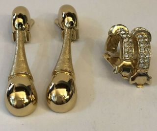 2 Pair Vintage Christian Dior Signed Clip On Gold Tone Clear Rhinestone Earrings