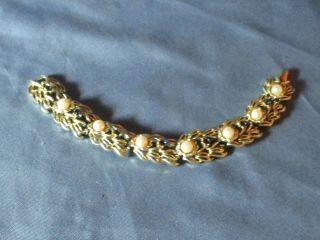 Vintage Signed Coro Gold - Tone Metal Blue Rhinestone Faux Pearl Bracelet